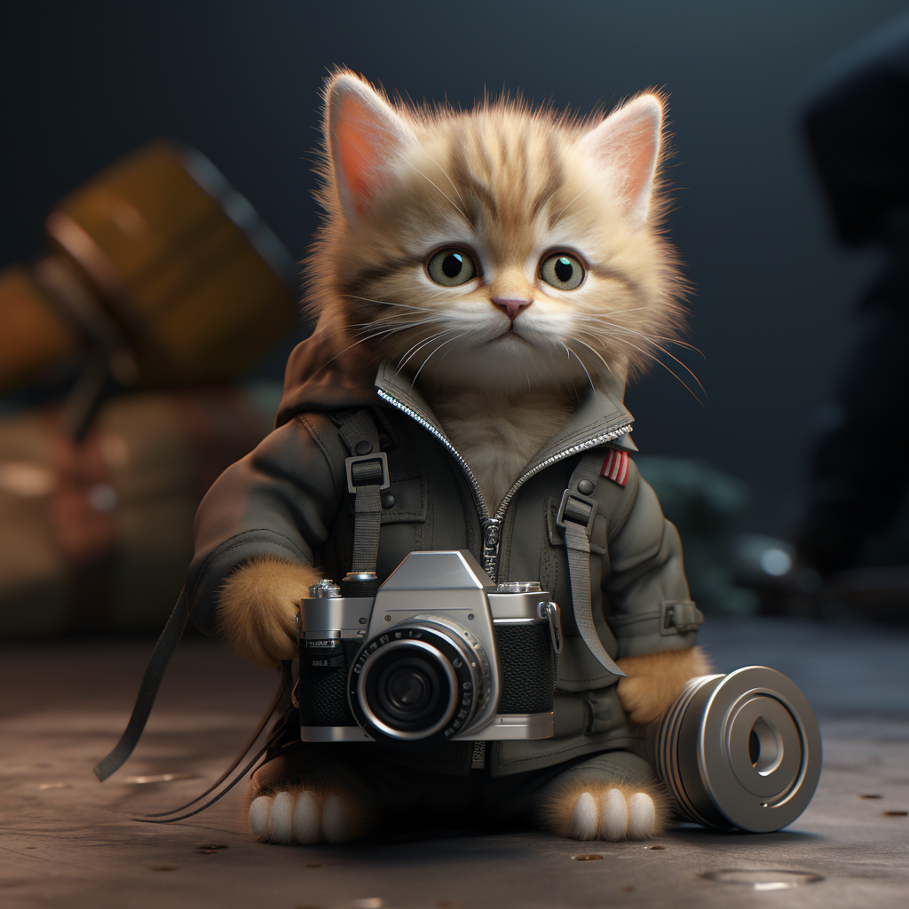 Adorable kitten wearing overalls with DSLR camera