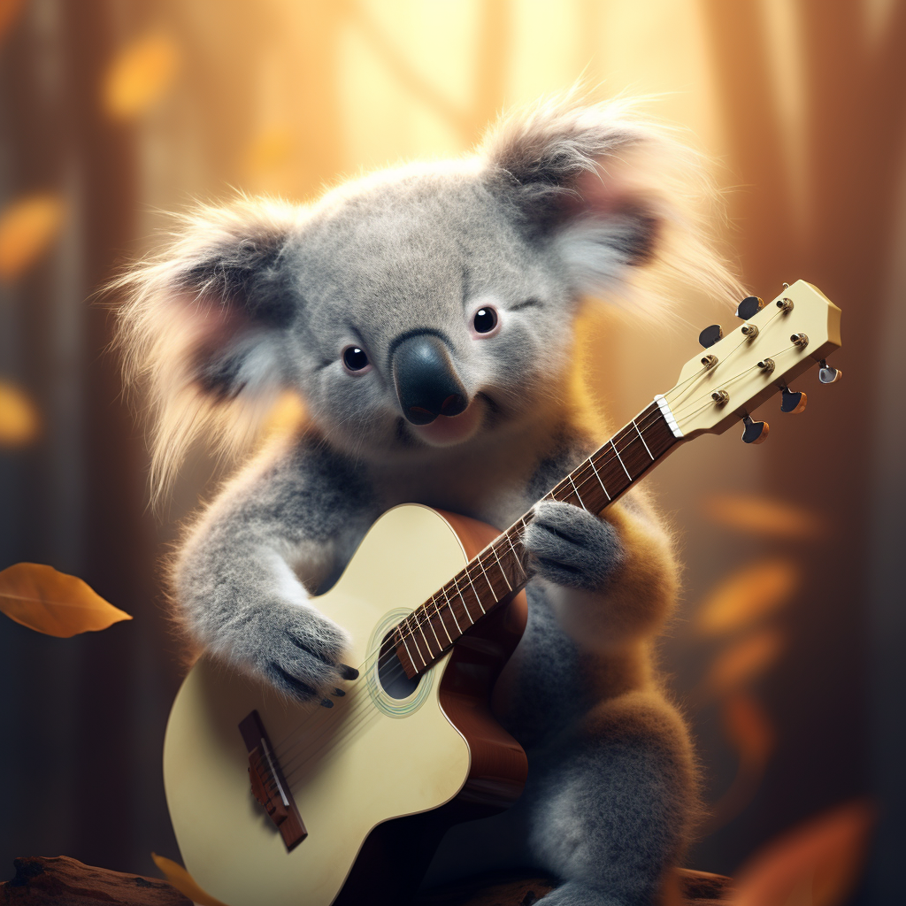 Cute koala playing guitar with long hair