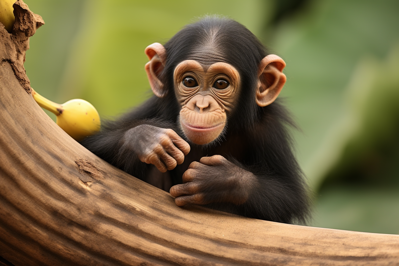 Cute chimpanzee enjoying a delicious banana