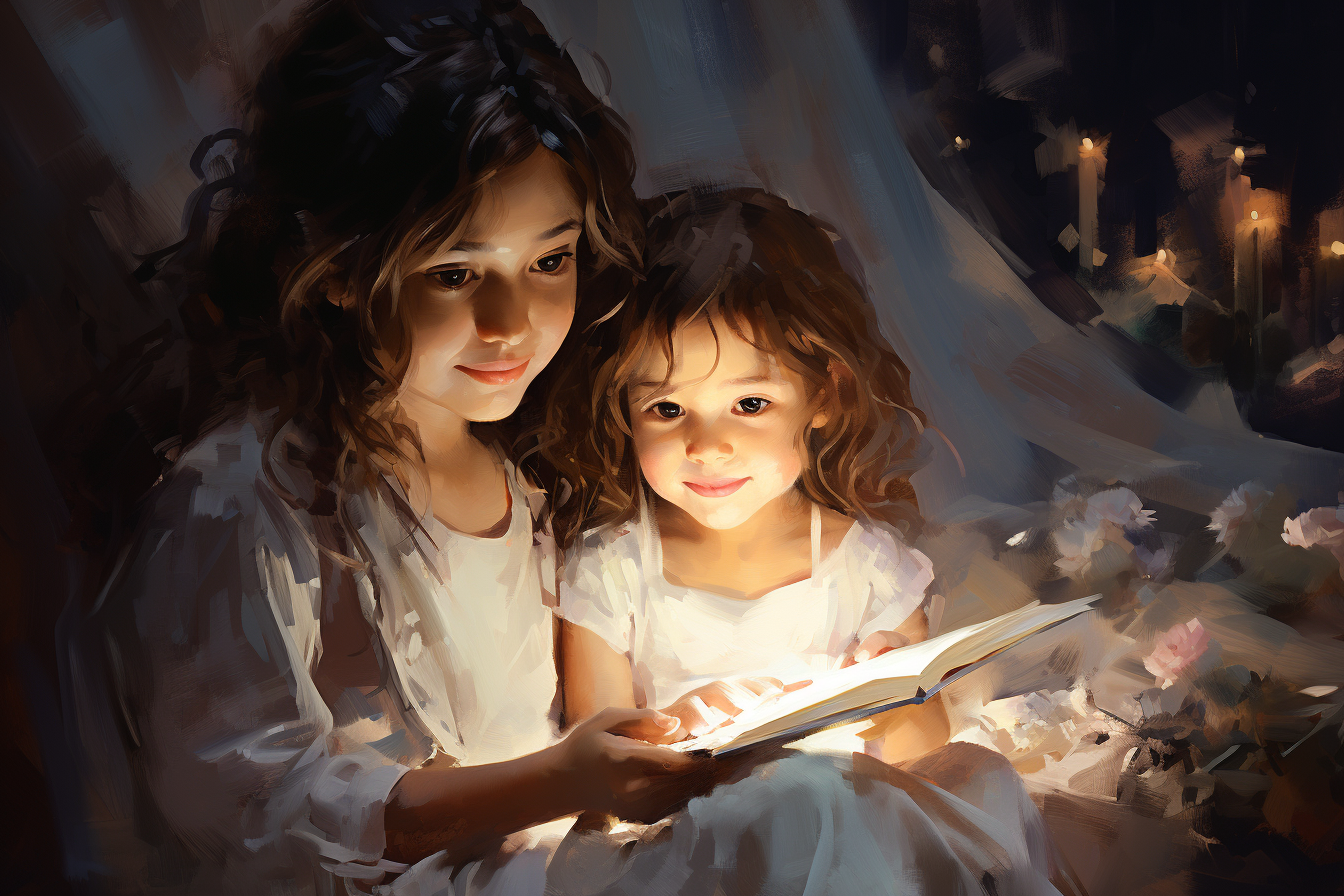 Impressionist Painting of Cute Little Girl and Her Mother Reading Story