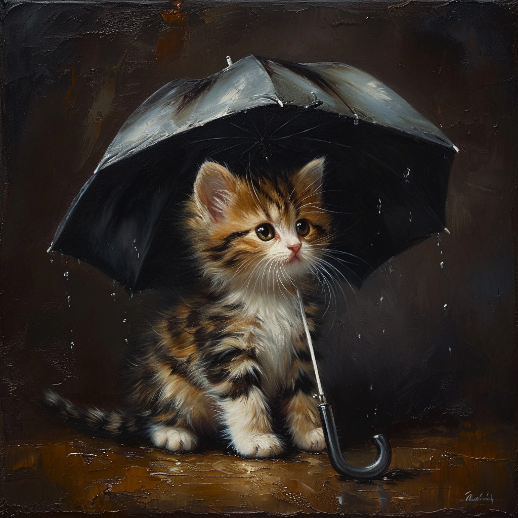 Cute Kitten Under Umbrella Painting