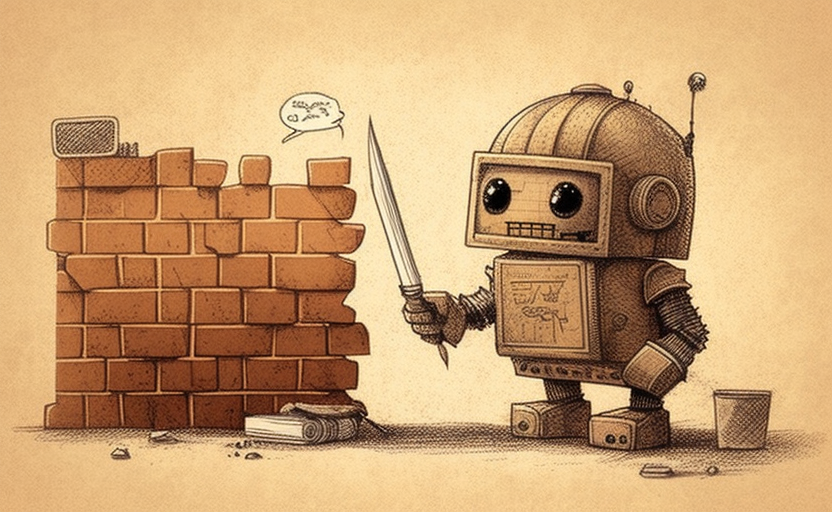 Cute little robot building brick wall