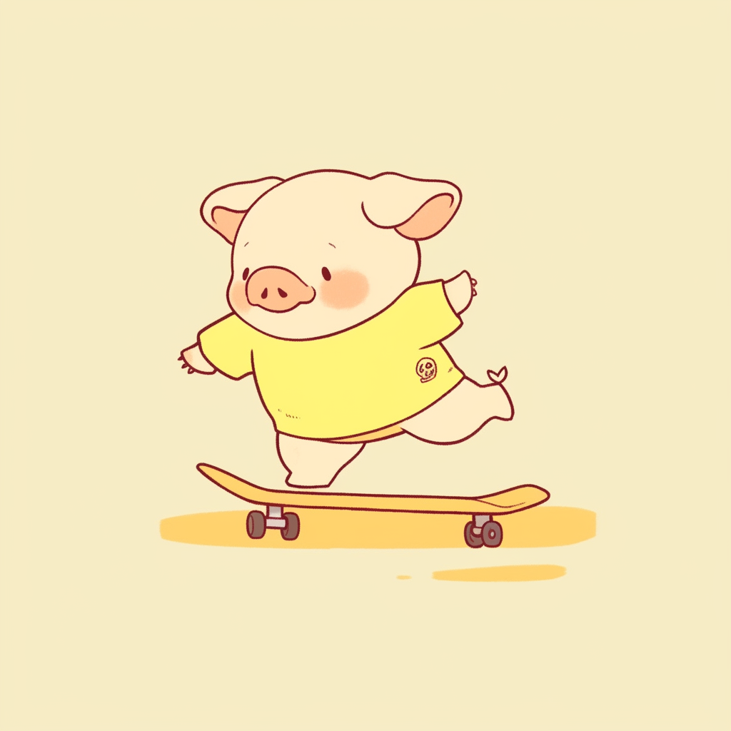 Yellow pig jumping skateboard