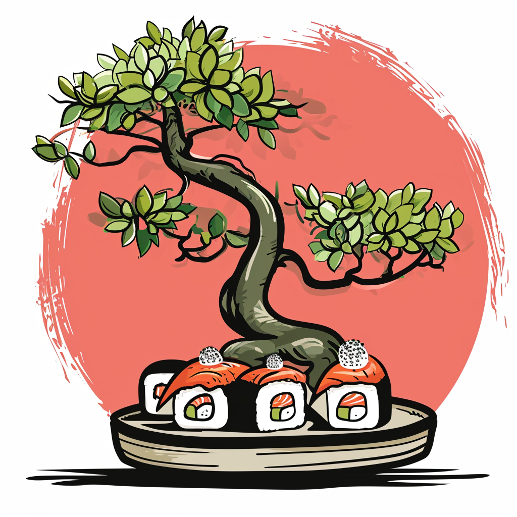 Adorable logo with sushi growing on a bonsai tree