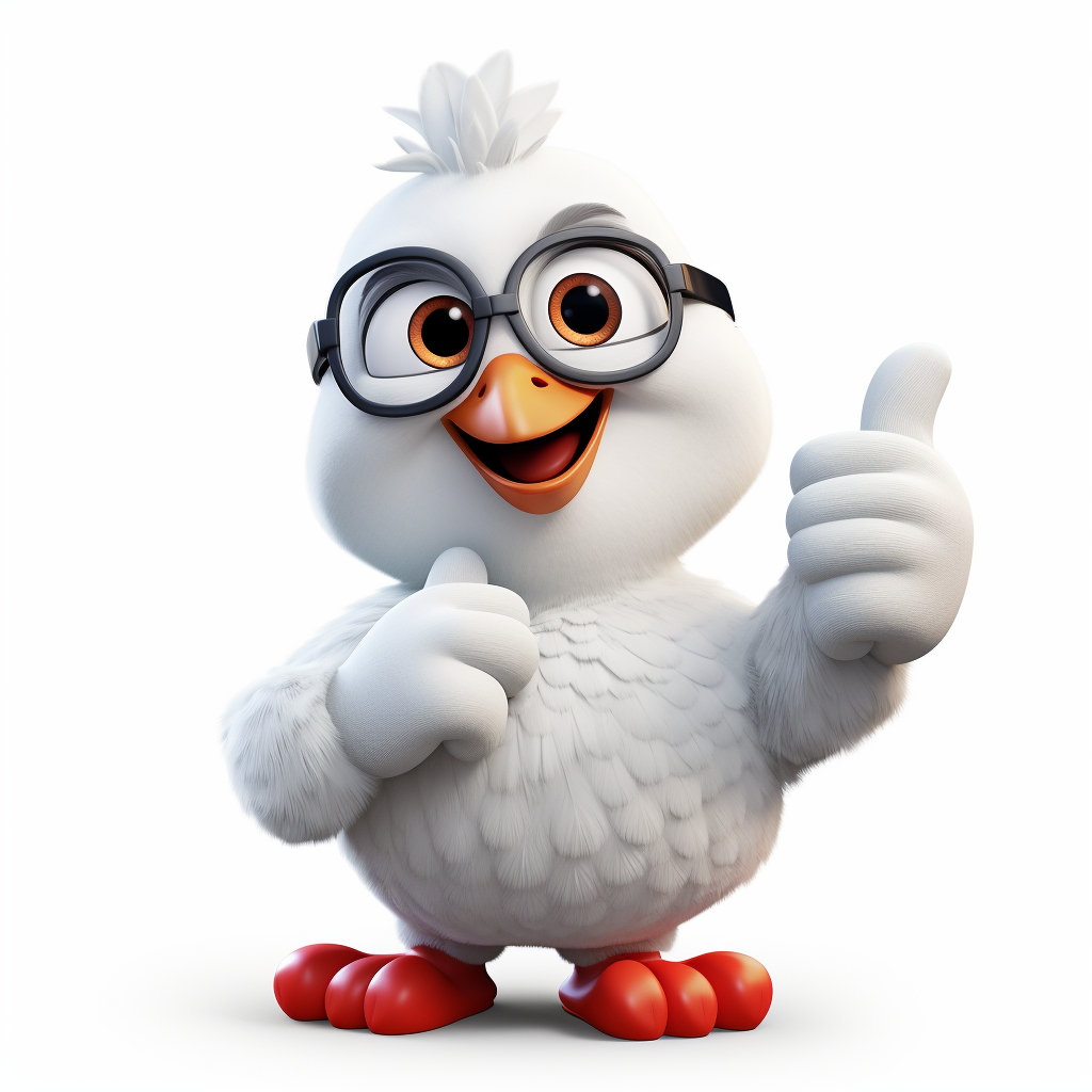 Cute white chicken mascot with thumbs up