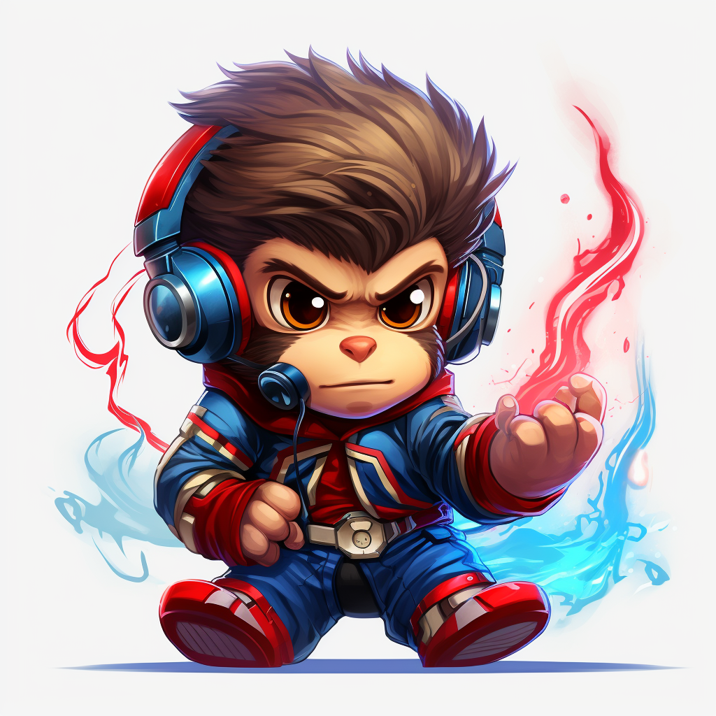 Adorable monkey gamer surrounded by red and blue lightning