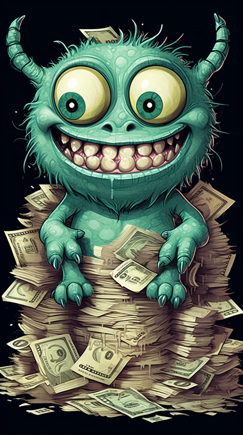 Cute monster eating dollar bills