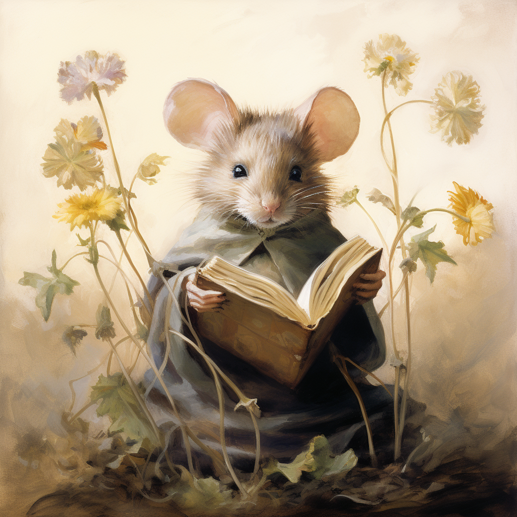 Cute mouse holding a book in spring flowers