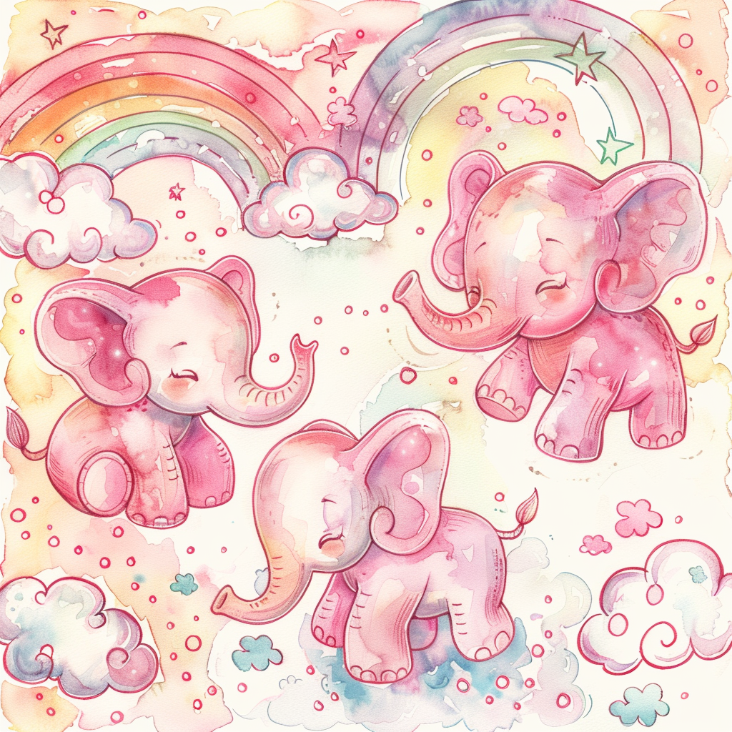 Cute mutant elephants and weasel under rainbow clouds