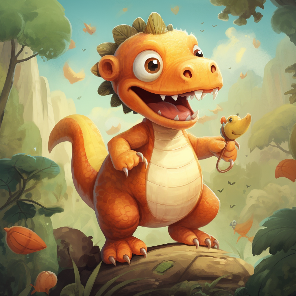 Colorful children's storybook art with cute monkey and dinosaur