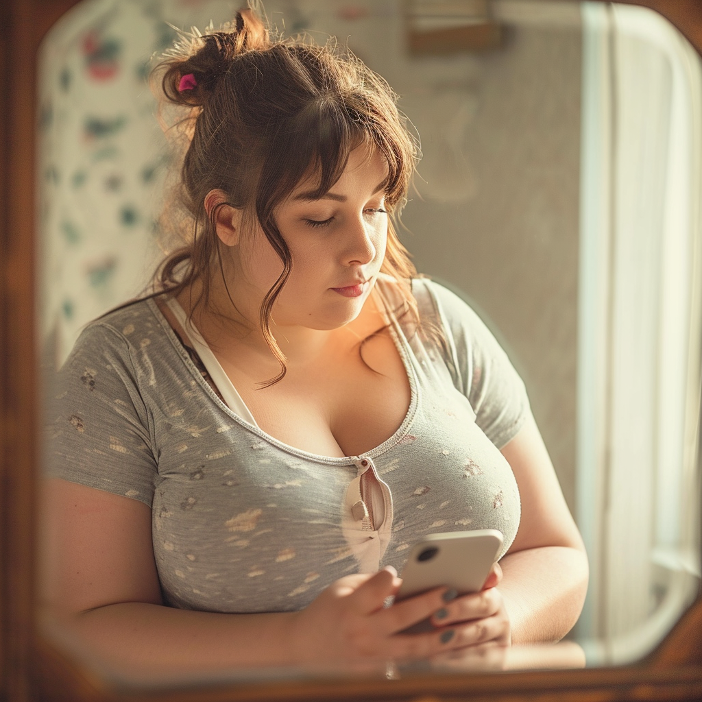 Cute overweight woman mirror selfie