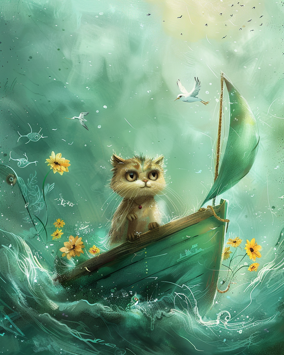 Cute Owl and Cat at Sea