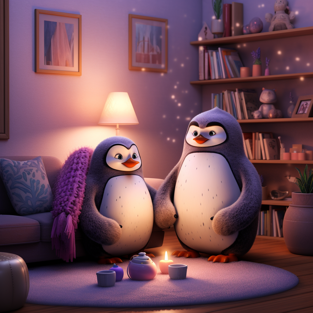 Penguins family in cozy living room