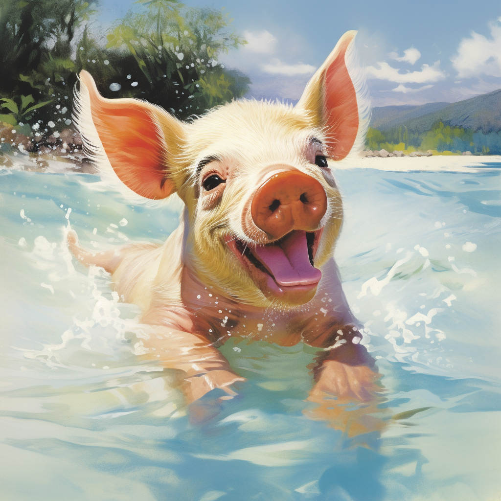 Cute Pig Swimming on Beach