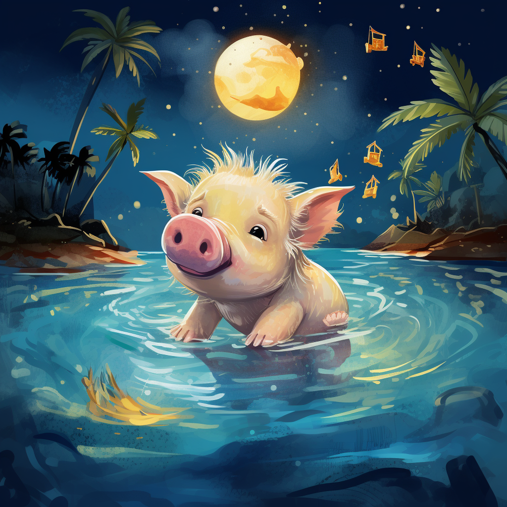 Cute pig swimming tropical lagoon moon stars