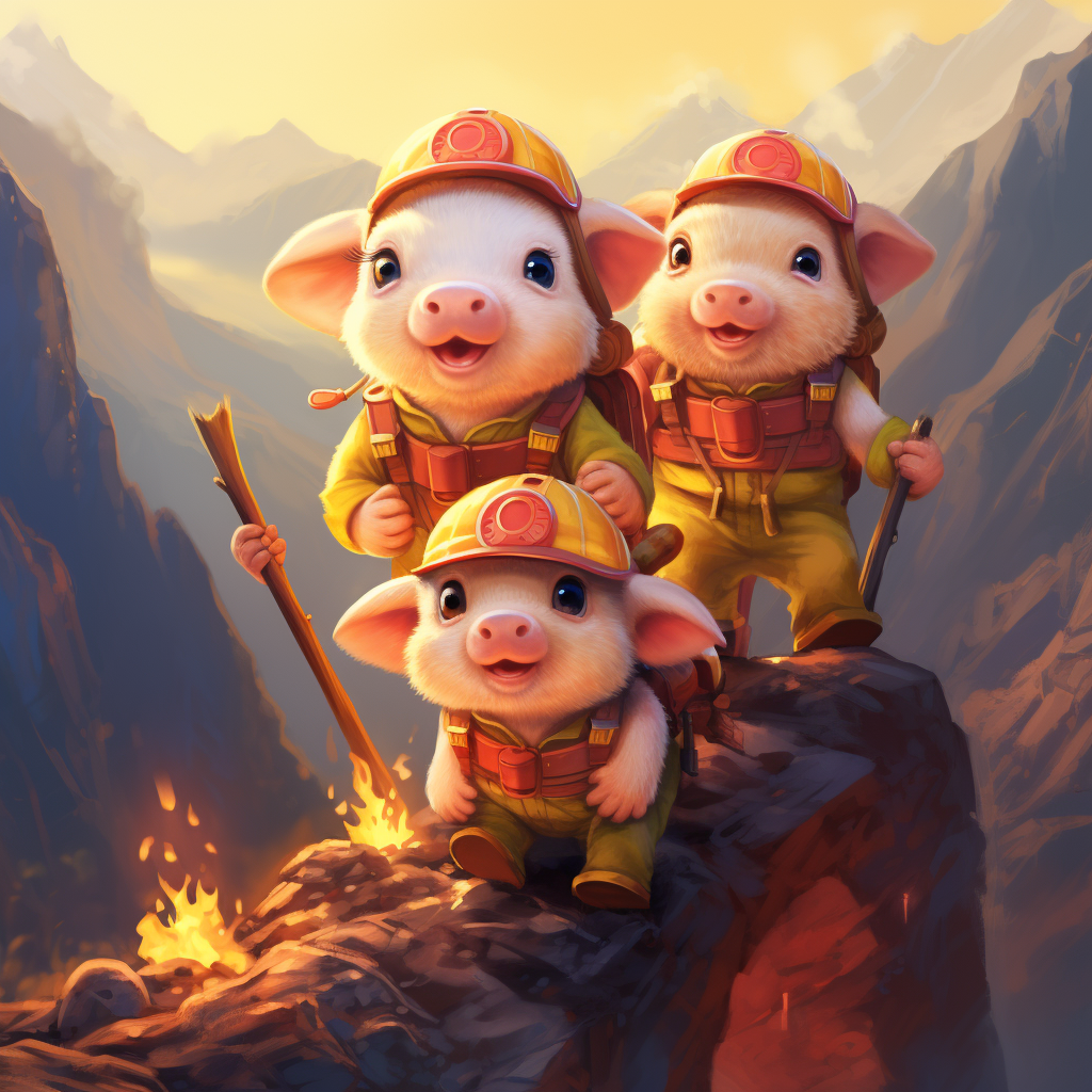 Cute piggies climbing mountain, with firefighter gear