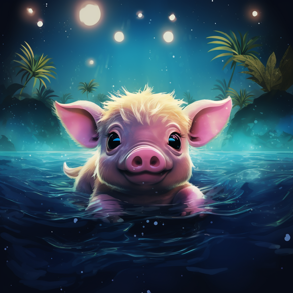 Cute piglet swimming in tropical bay