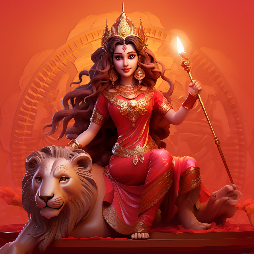 Pixar Style Lord Durga Red Saree Lion