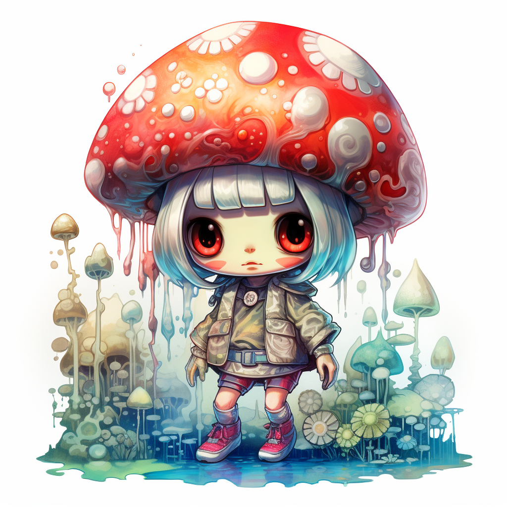 Cute playful mushroom humanoid manga illustration