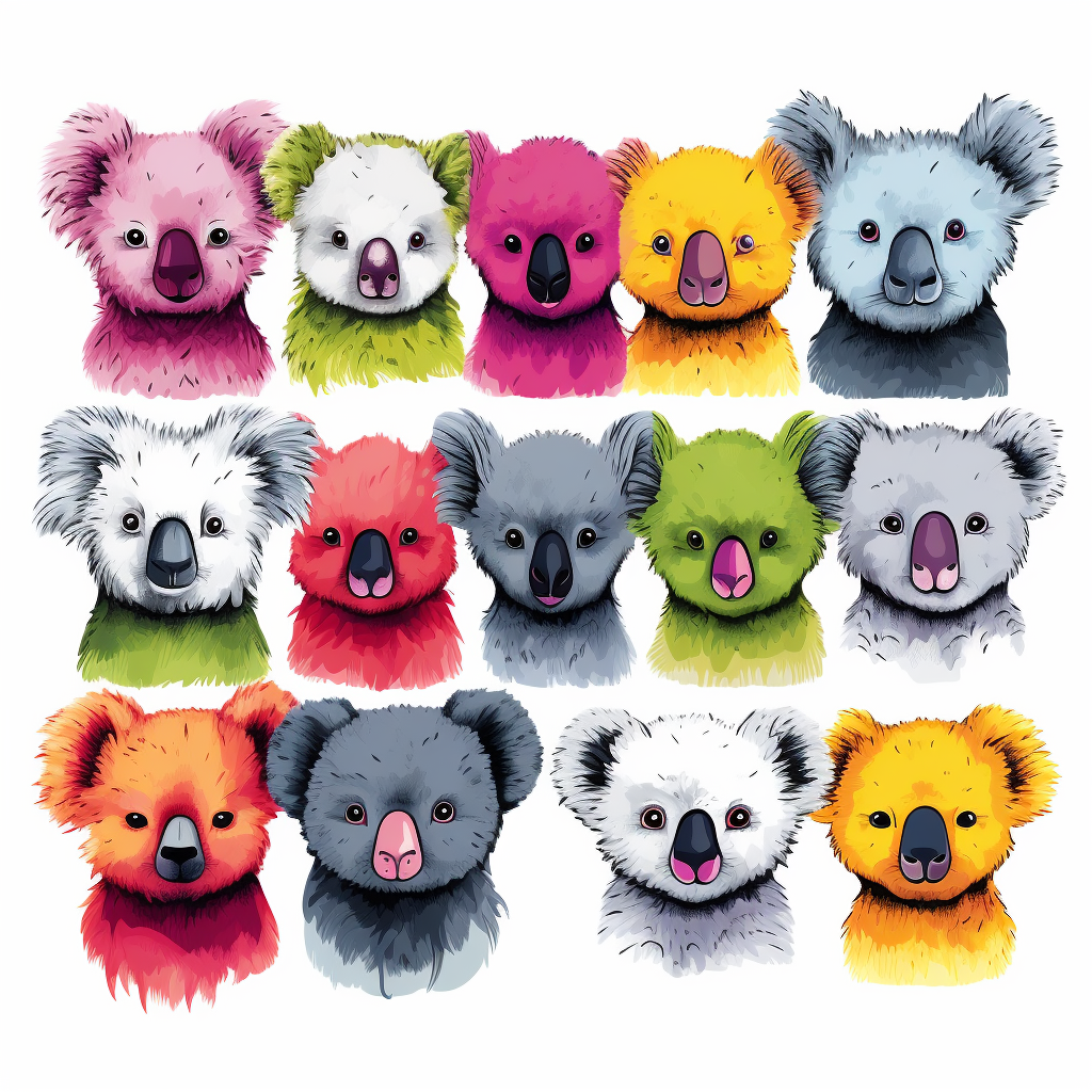 Colorful punk-style koalas on white background