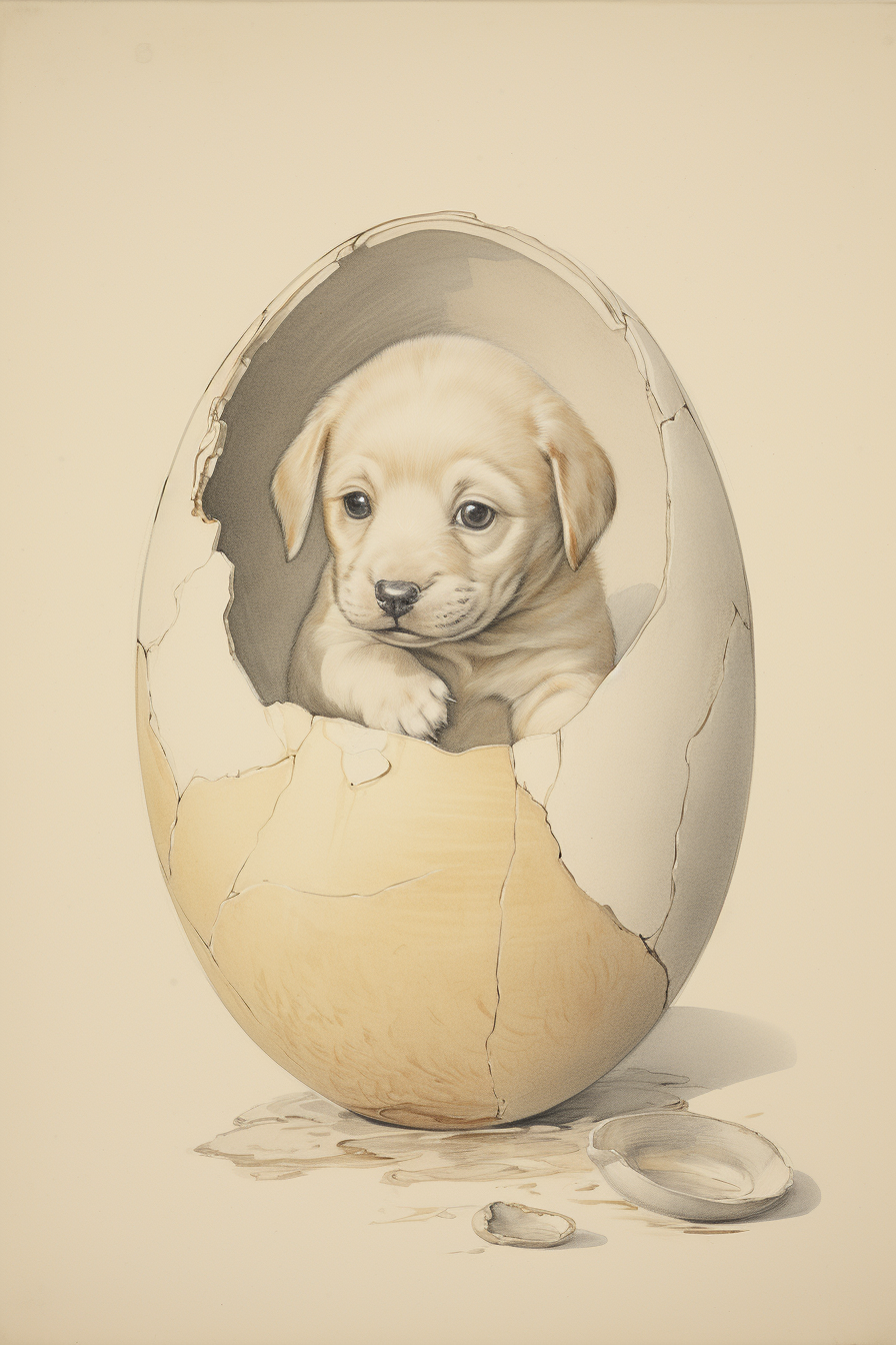 Cute puppy cracking egg shell