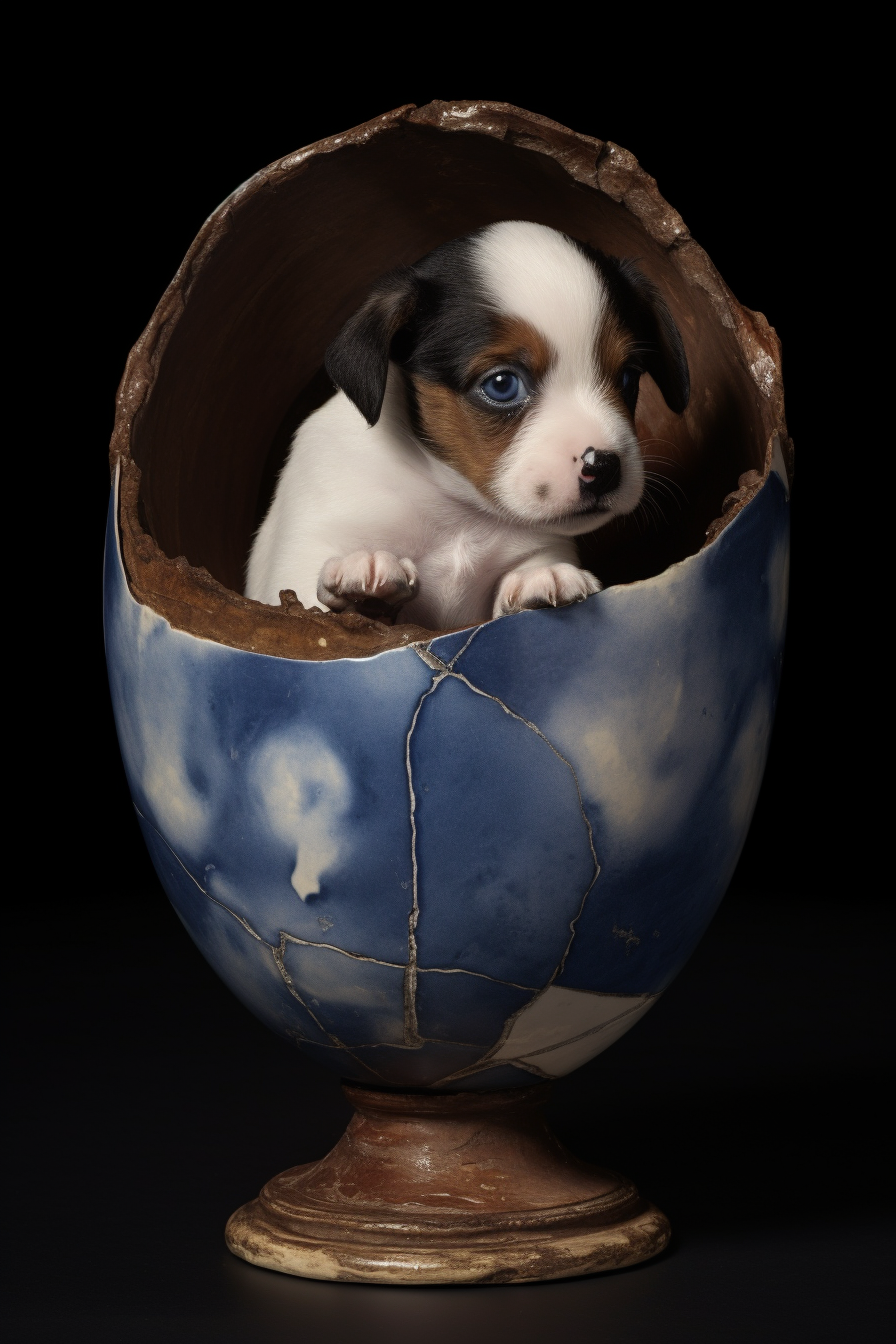 Cute puppy breaking out of egg