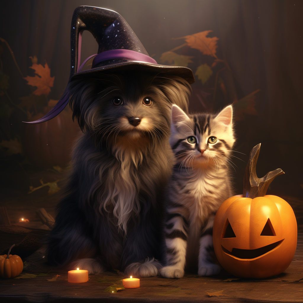 Adorable puppy and kitten in witchy decorations