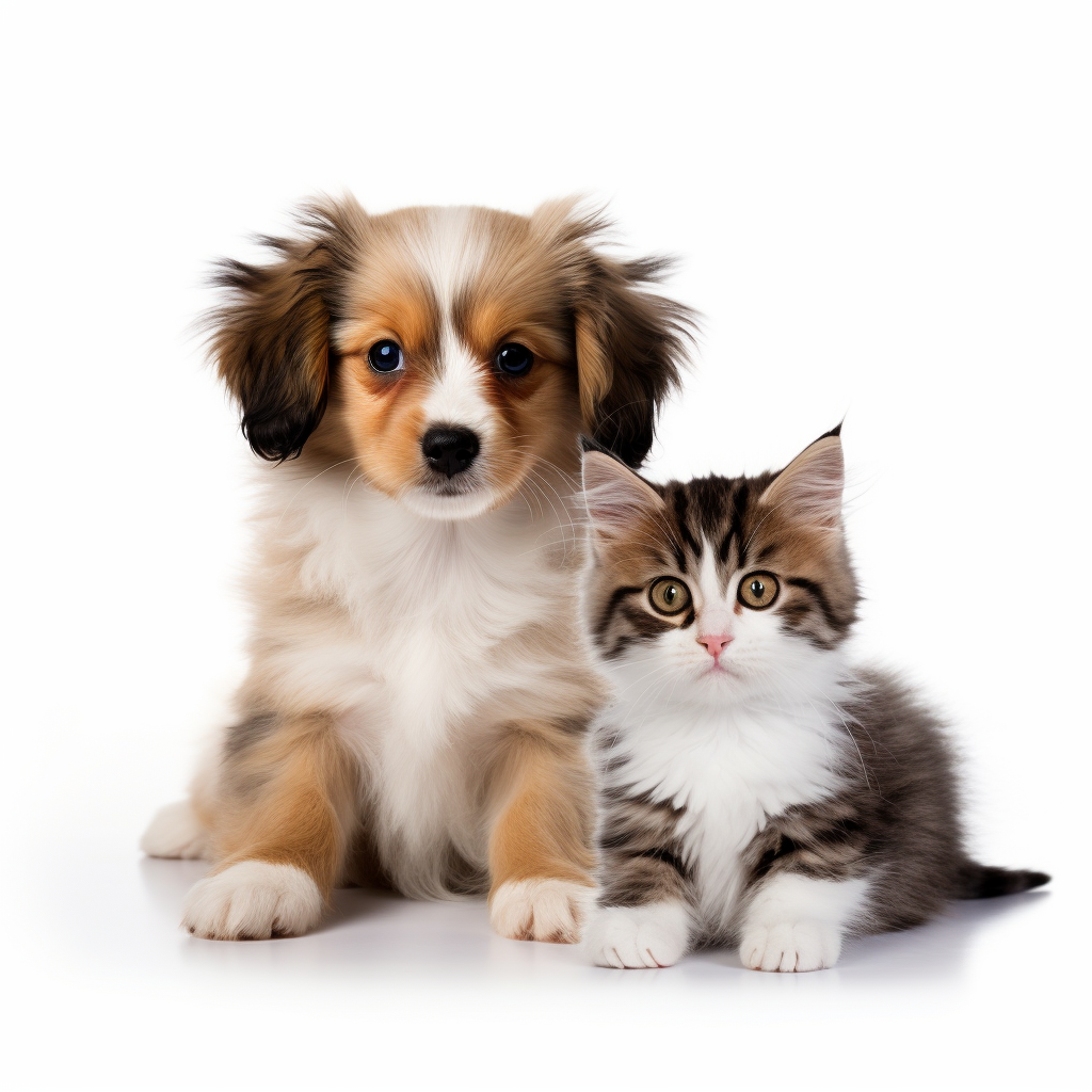 Lovely puppy and kitten playing together