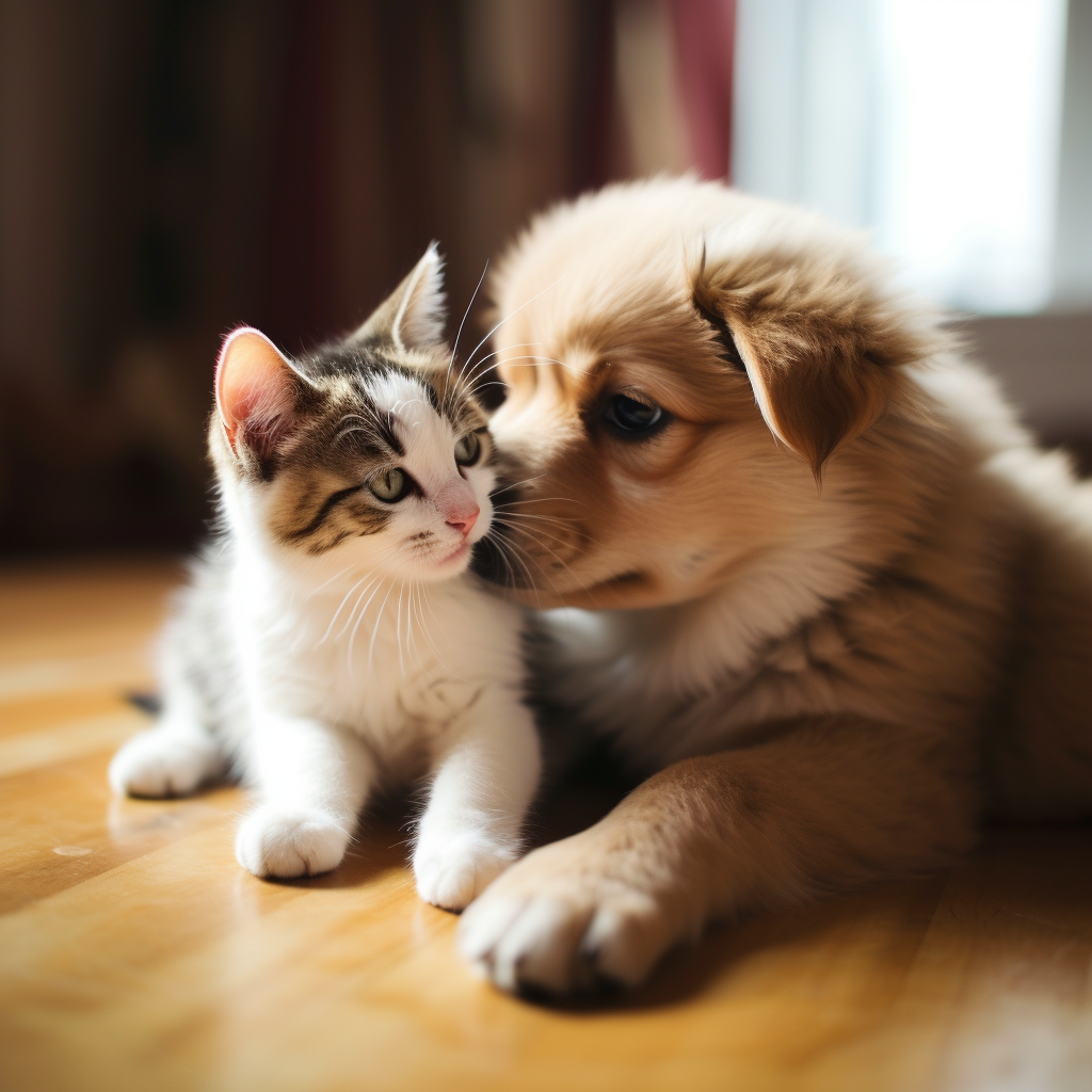 Cute puppy and kitty playing together