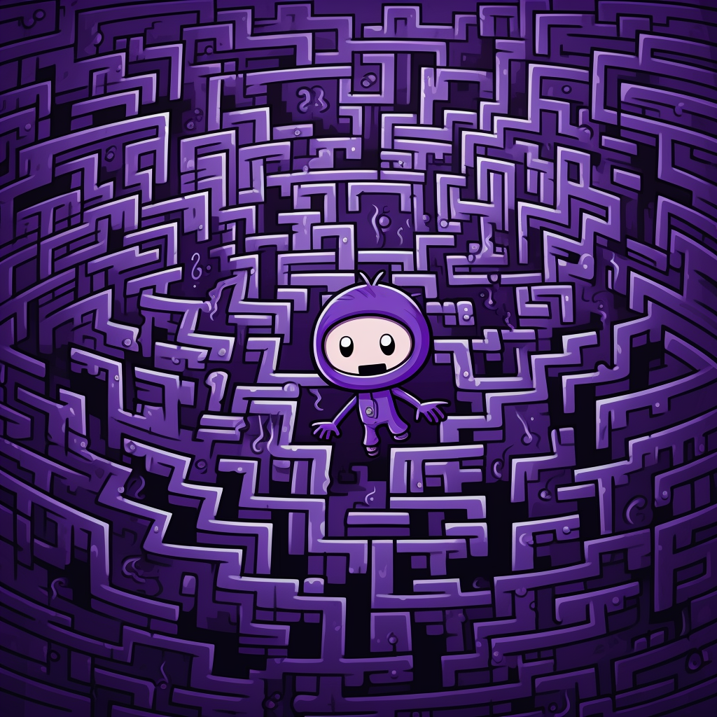 Cute purple comic character in maze