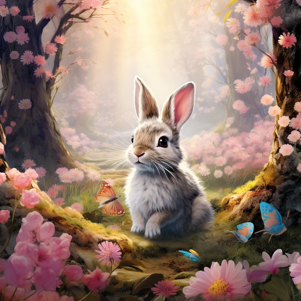 Cute rabbit in forest with flowers