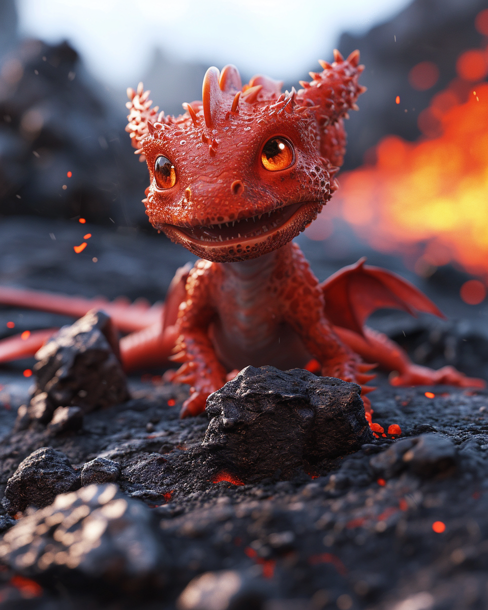 Cute red baby dragon with flame on molten rocks