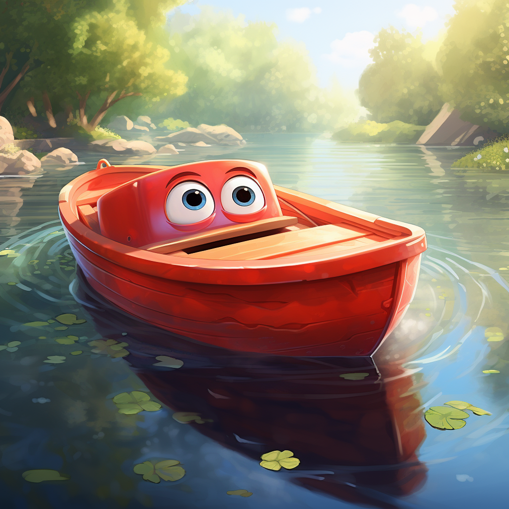 A cute red boat gracefully floating on a river