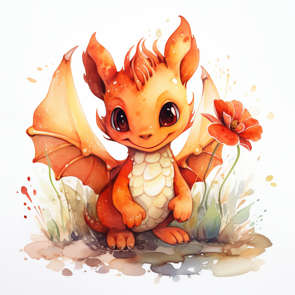 Cute red dragon surrounded by watercolor flowers