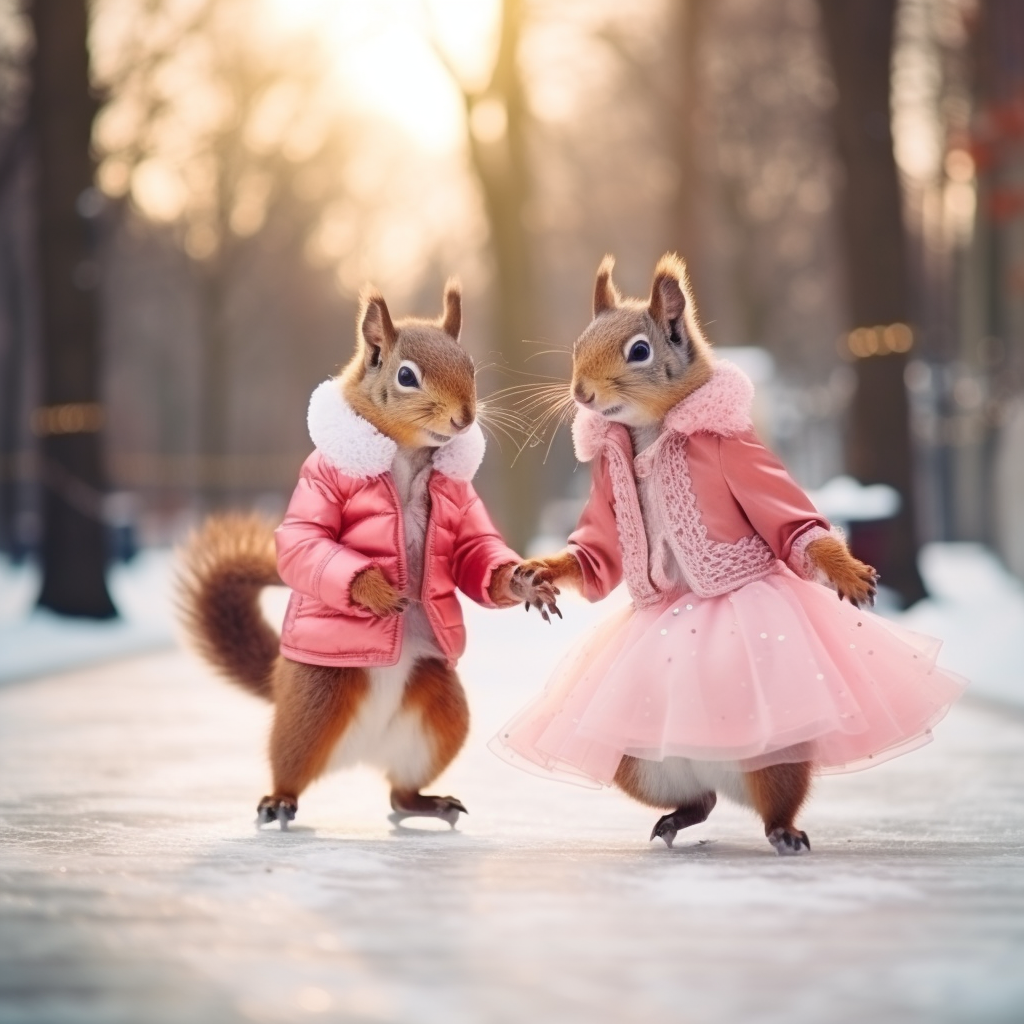 Two cute red squirrels ice dancing