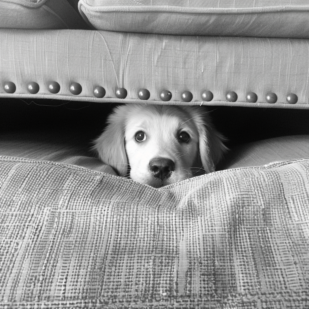 Adorable Golden Retriever Puppy Under Sofa