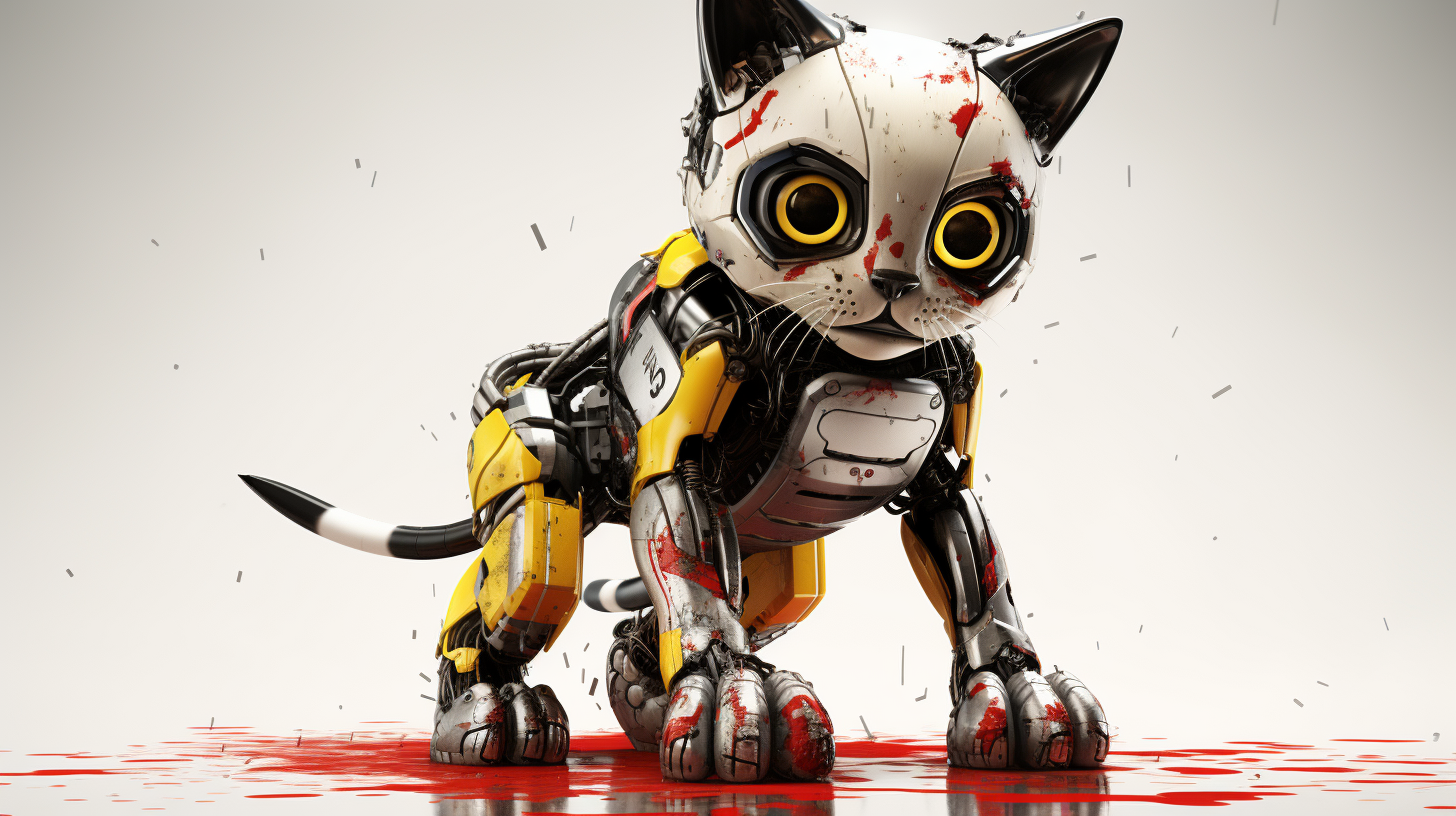 Photorealistic cute robot kitten with black, white, and yellow accents