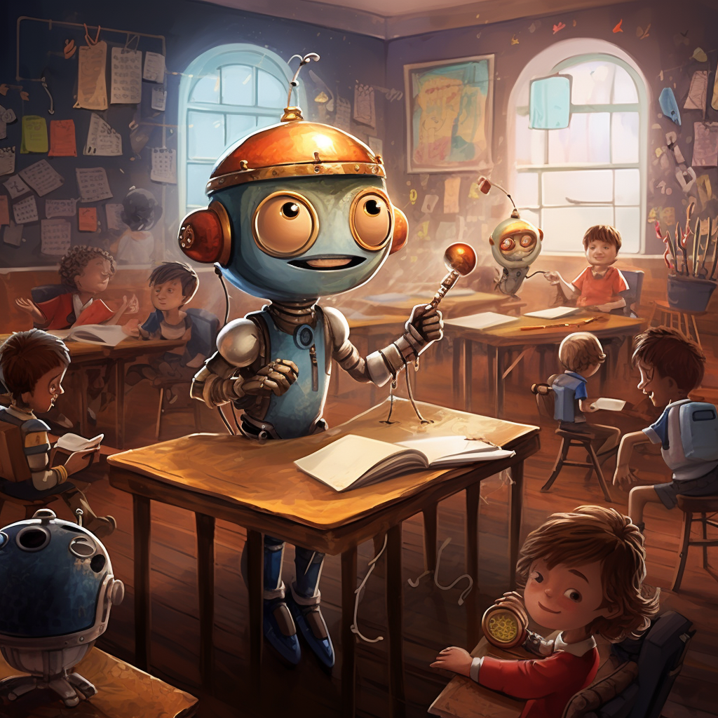 Cute robot teaching students