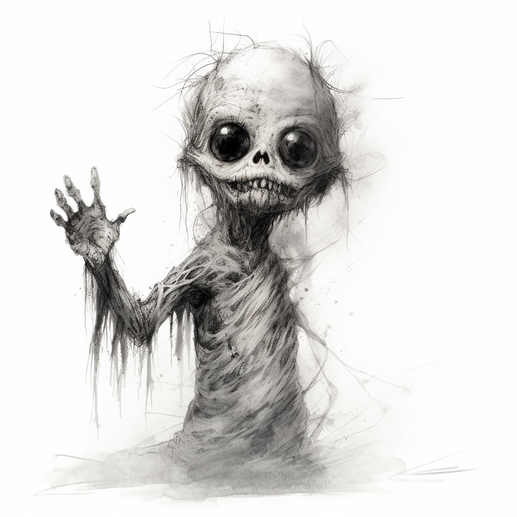 Cute sad ghoul with decaying skin waving goodbye