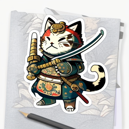 Cute samurai cat sticker with nunchaku