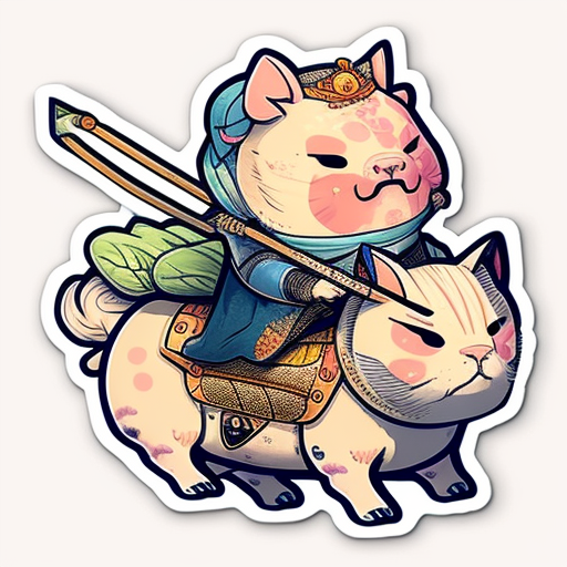 Cute samurai cat riding pig sticker