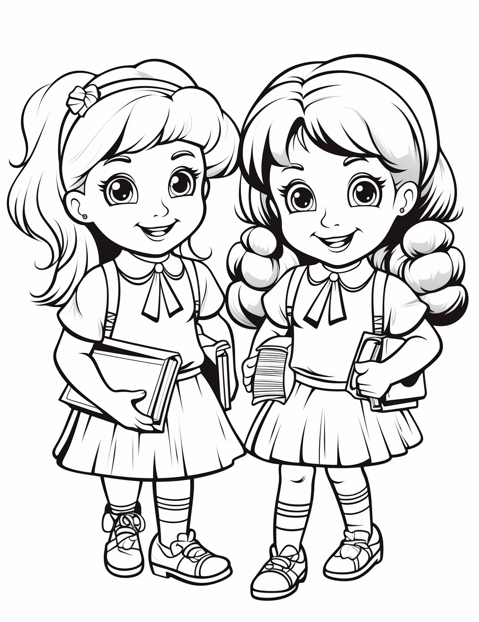 Two cute schoolgirls coloring cartoon