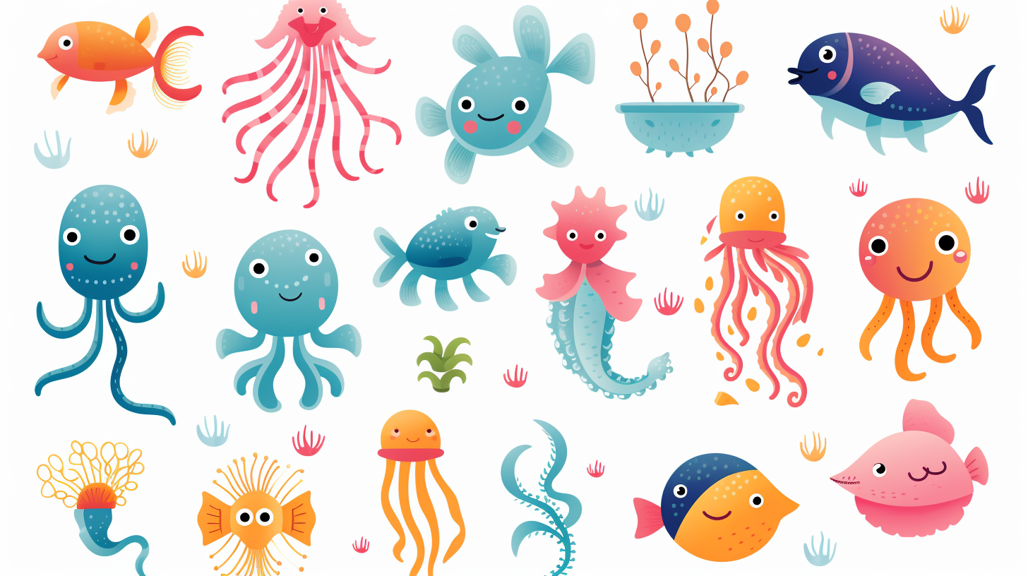 Cute sea animals on white background