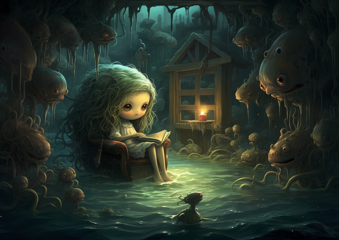 Adorable sea cryptid in underwater cottage