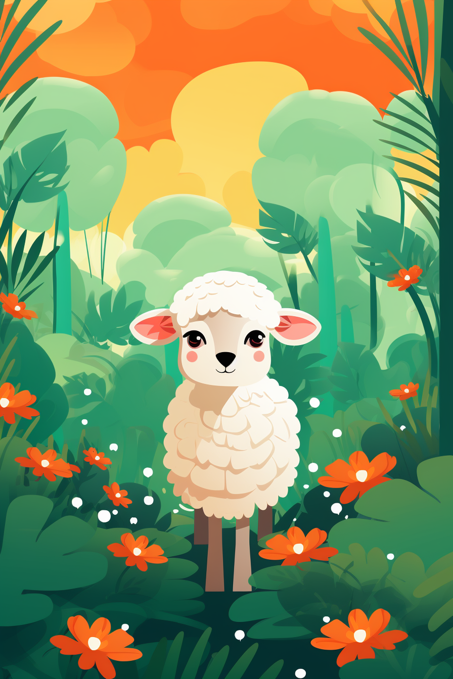 Cute sheep in jungle cartoon