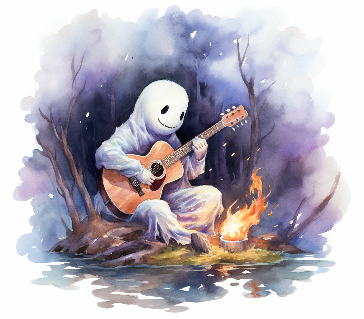 Cute sheet ghost playing guitar at a campfire