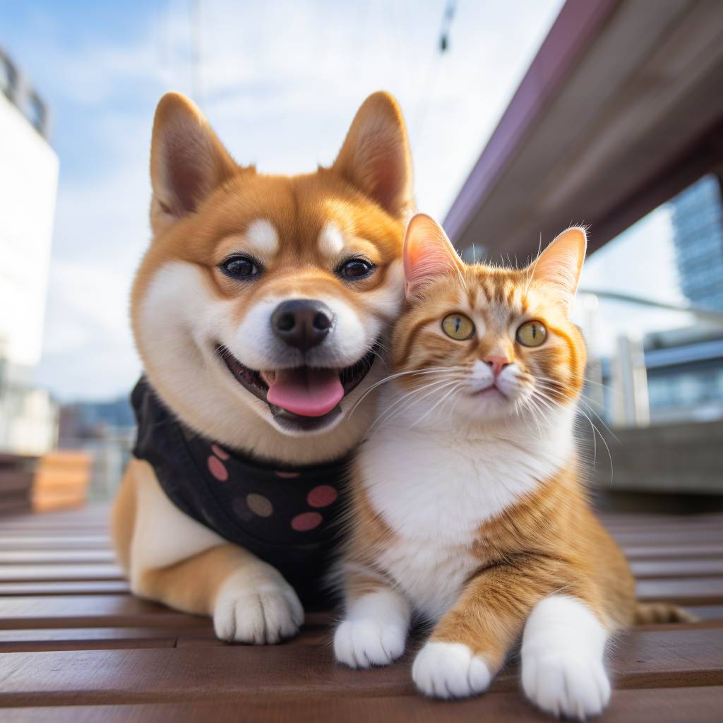 Very Cute Shiba Dog with Black Cat