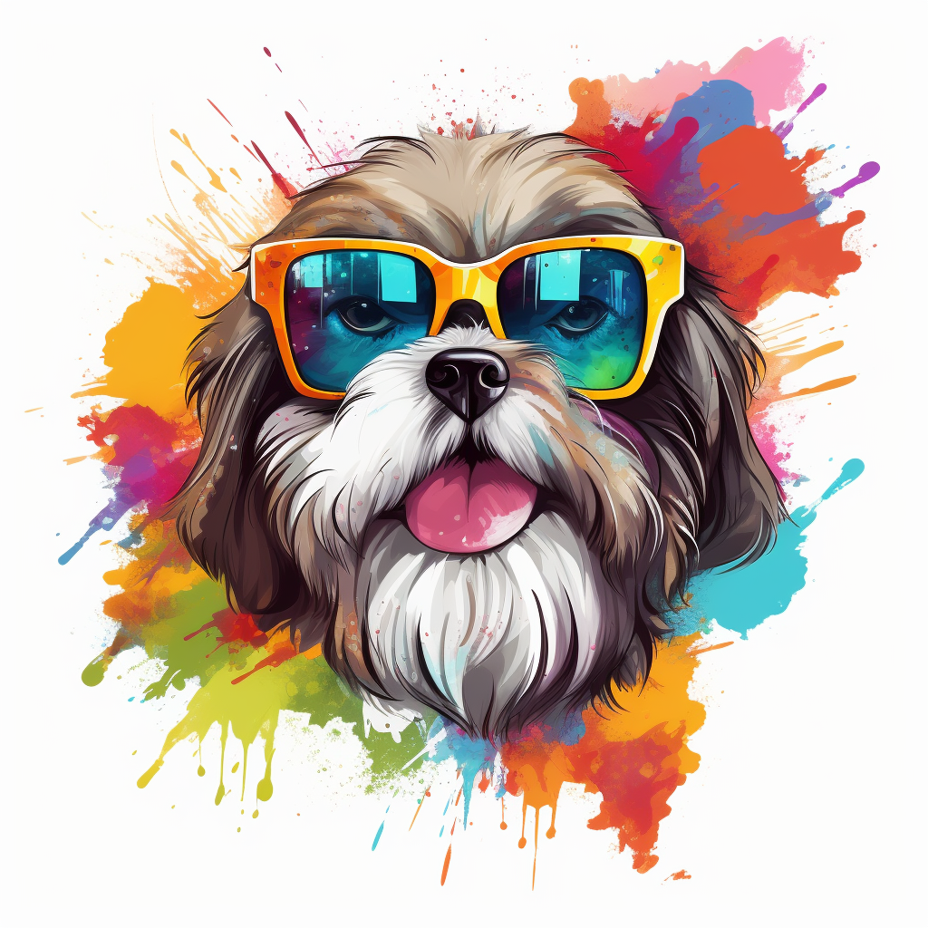 Cute Shih Tzu wearing sunglasses in colorful T-shirt design