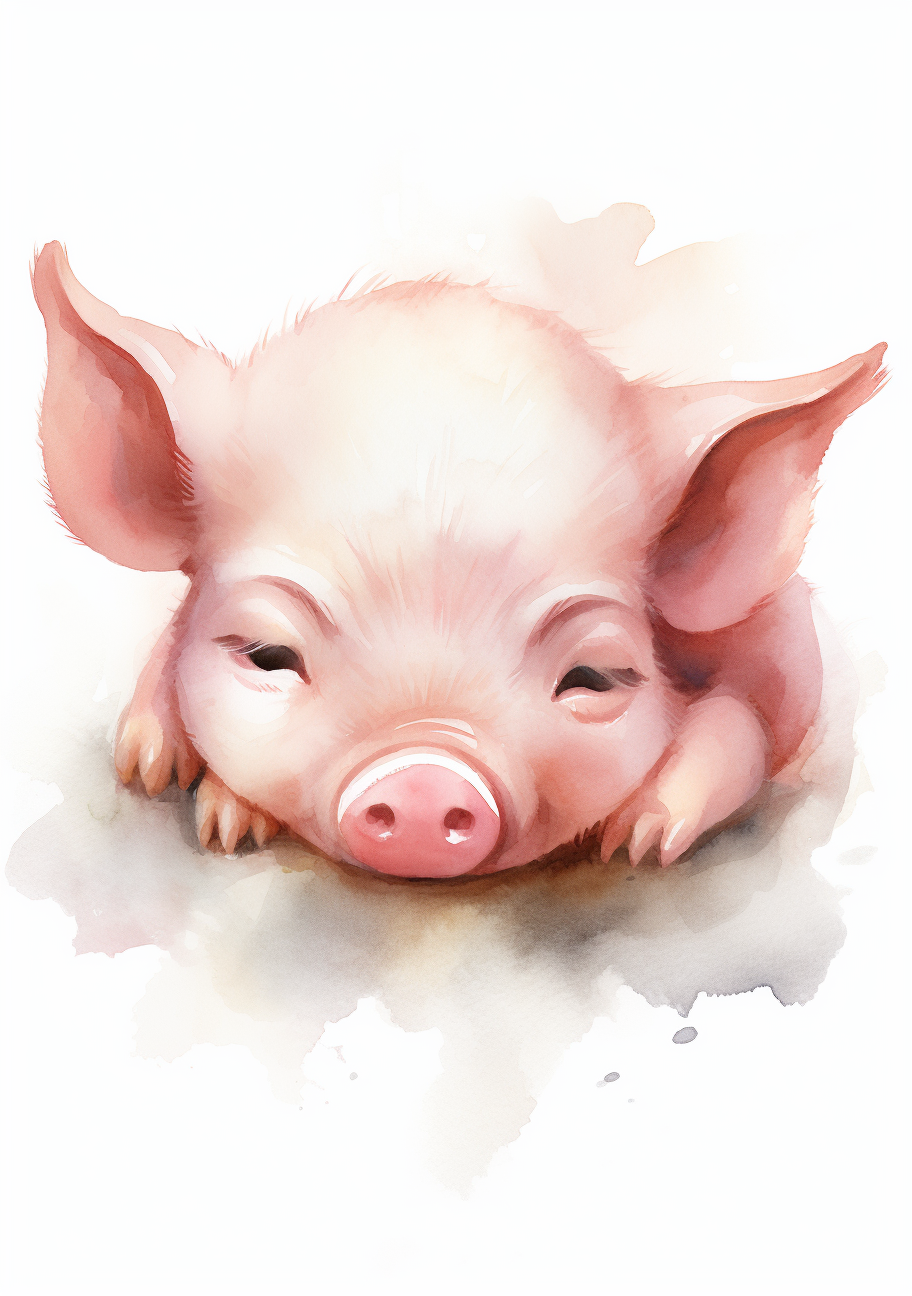 Sleeping baby pig watercolor kawaii style