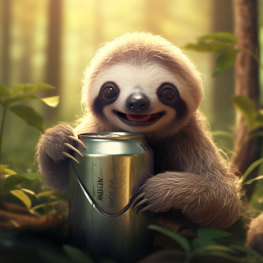 Cute sloth drinking from can